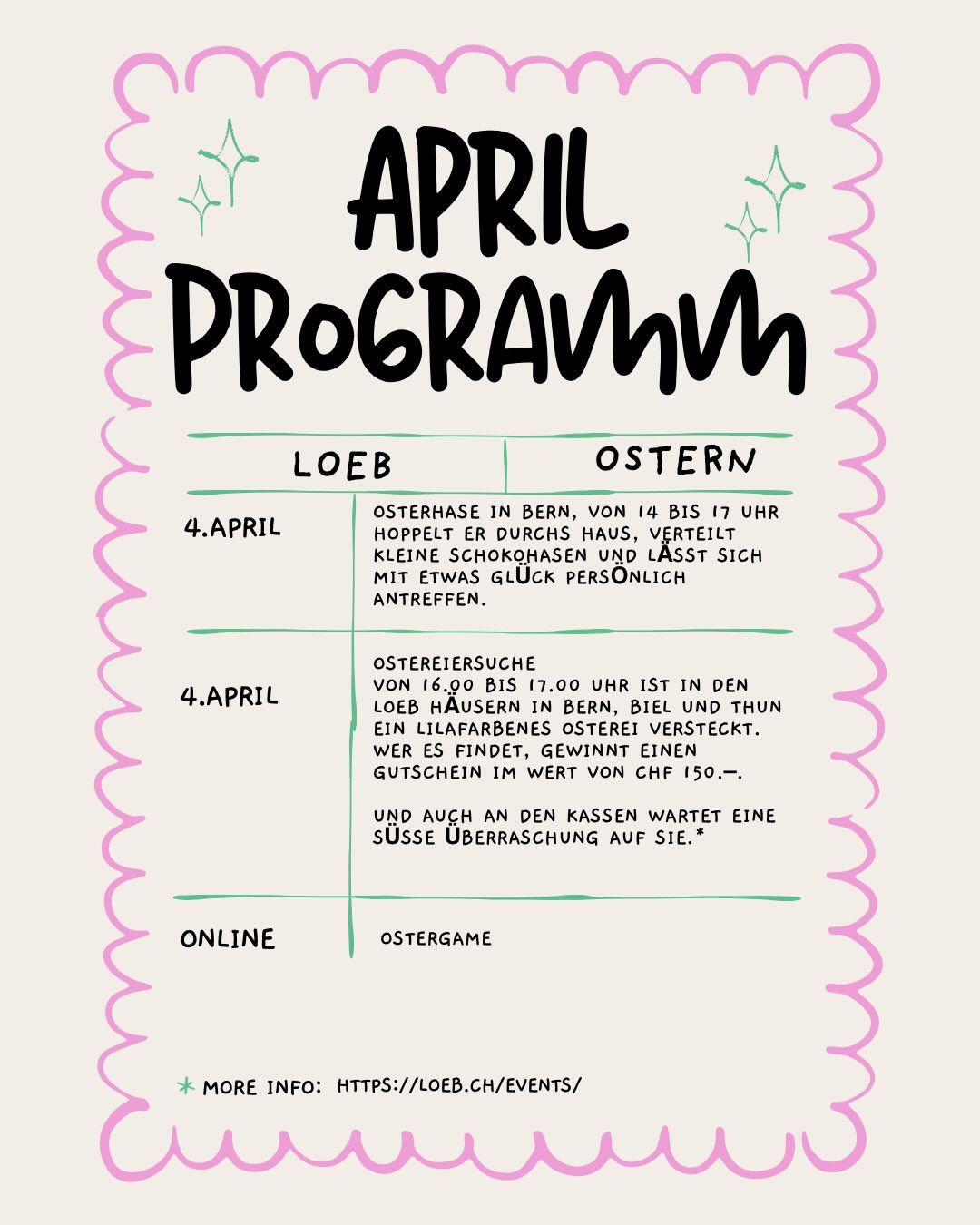 April Events im LOEB ✨
Wo Shopping auf Erlebnisse trifft
👉 Link in Bio
#loeb #events #spring
