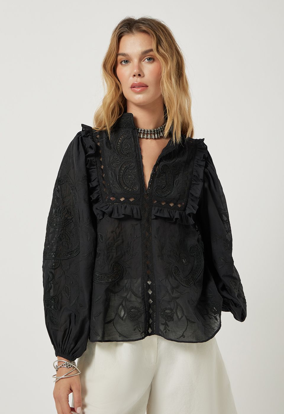 THE MESH APPLIQUE EMBROIDERED FULLSLEEVE TOP