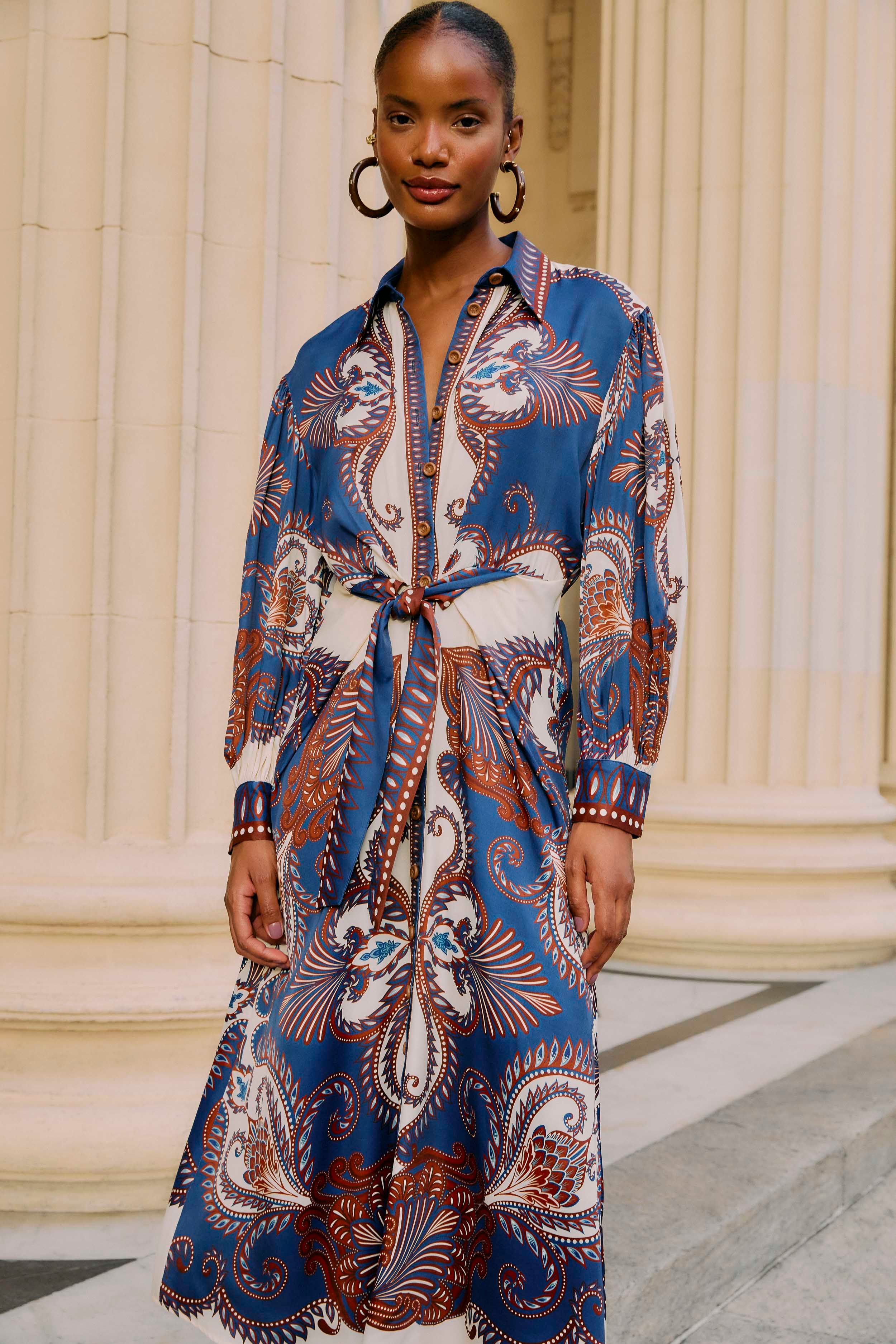 Blue Arabesque Scarf Lenzing™ Ecovero™ Viscose Midi Dress