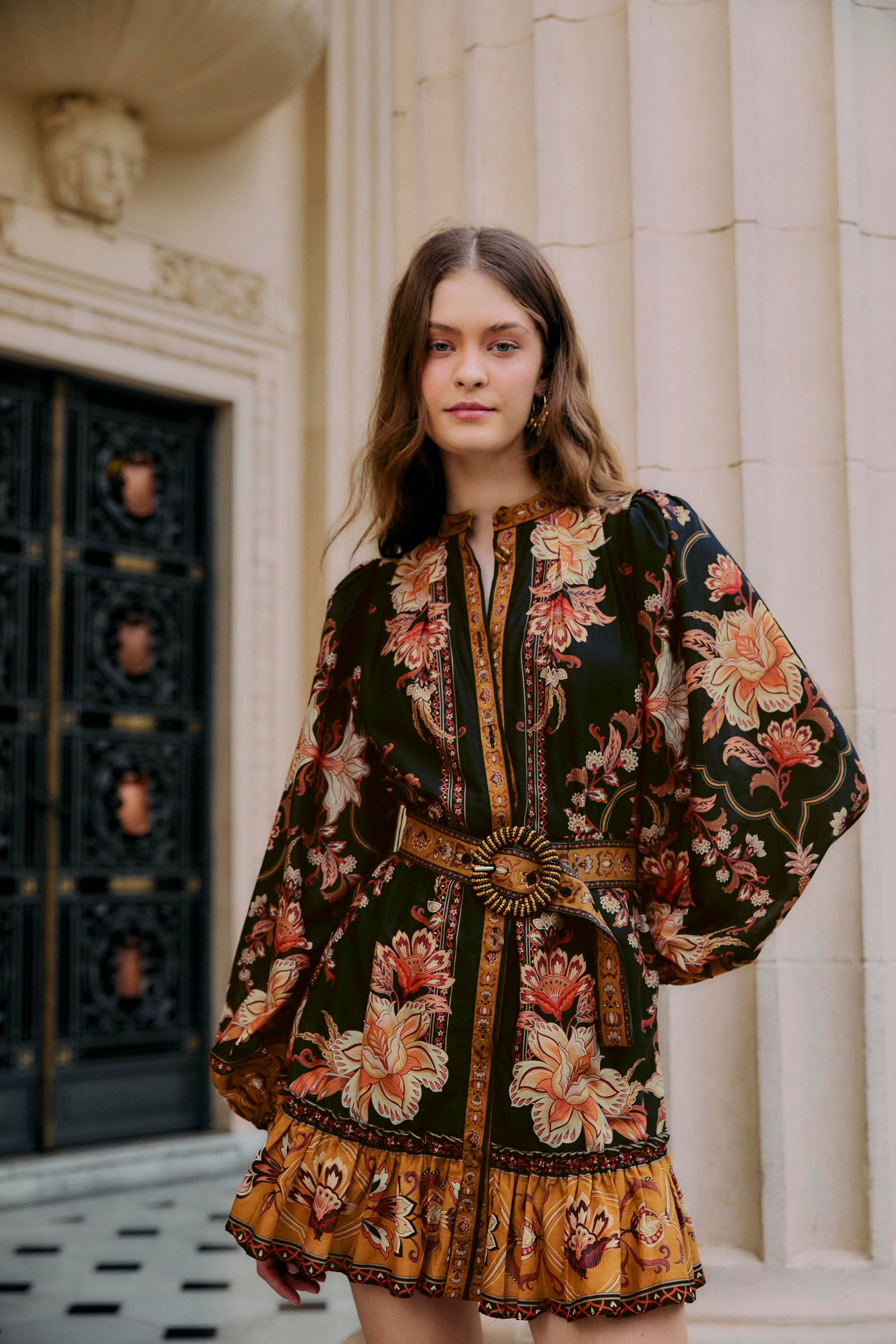 Black Majestic Garden Beaded Buckle Long Sleeve Mini Dress