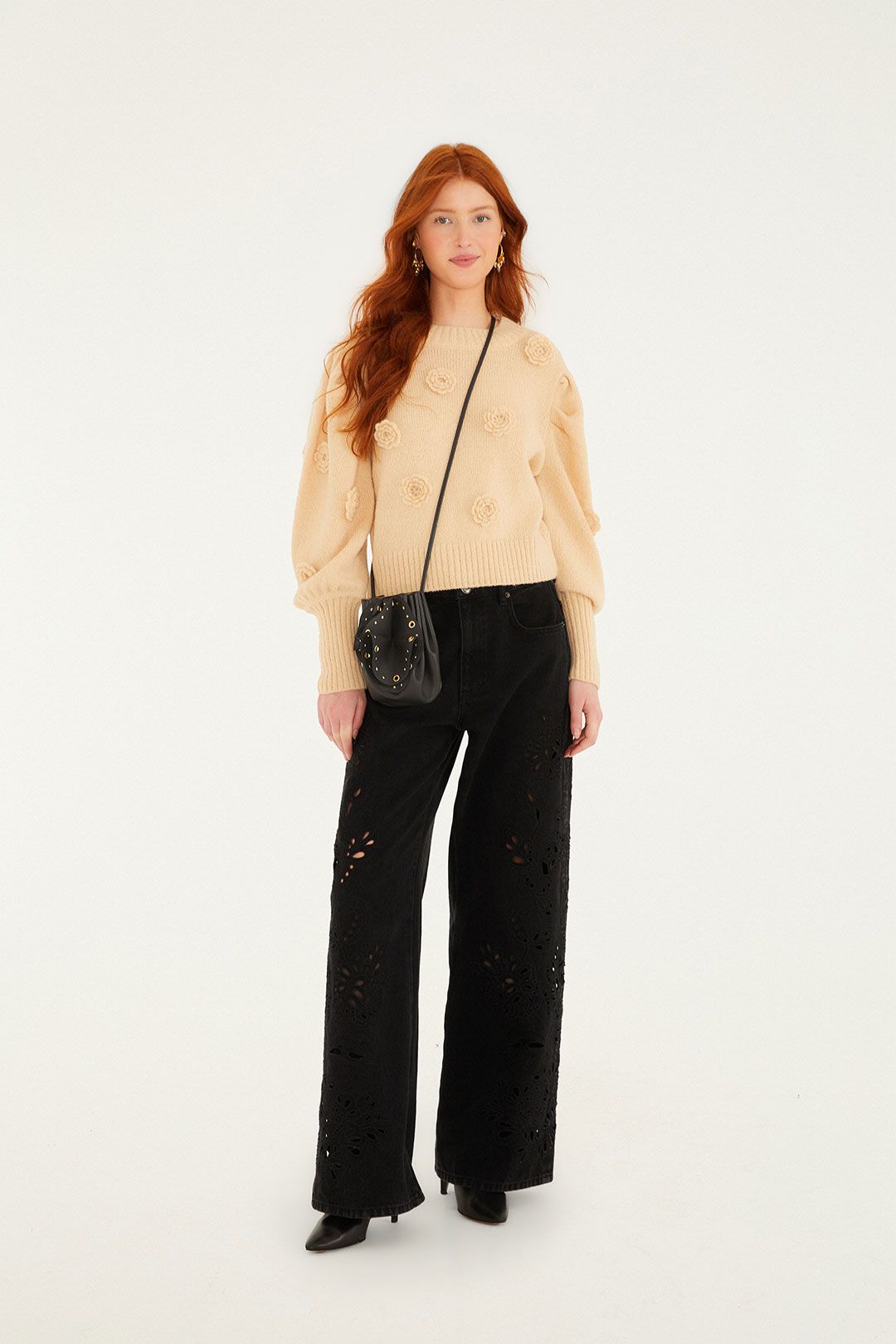 Sand Crochet 3D Flower Dropped Shoulder Knit Sweater