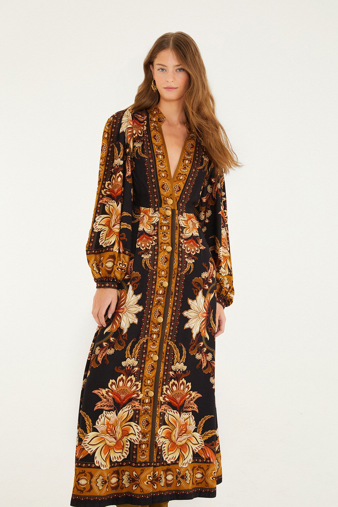 Black Majestic Garden Buttoned Puff Sleeve Maxi Dress
